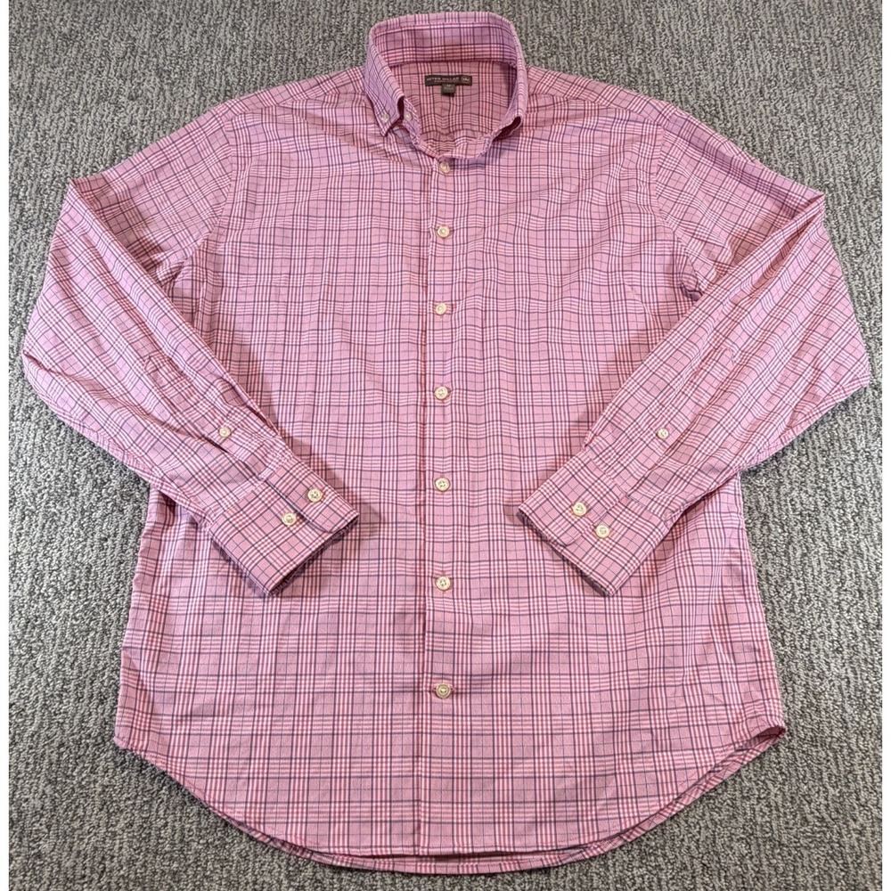 Peter Millar Summer Comfort Button Up Shirt Mens Medium Pink Plaid Nylon Emblem